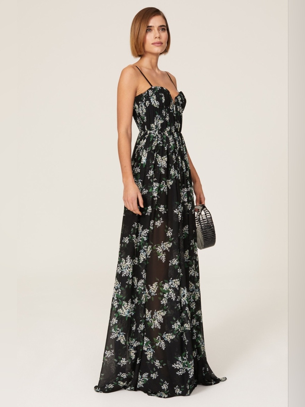 SAU LEE Black Floral Spaghetti Strap Maxi Dress size 4